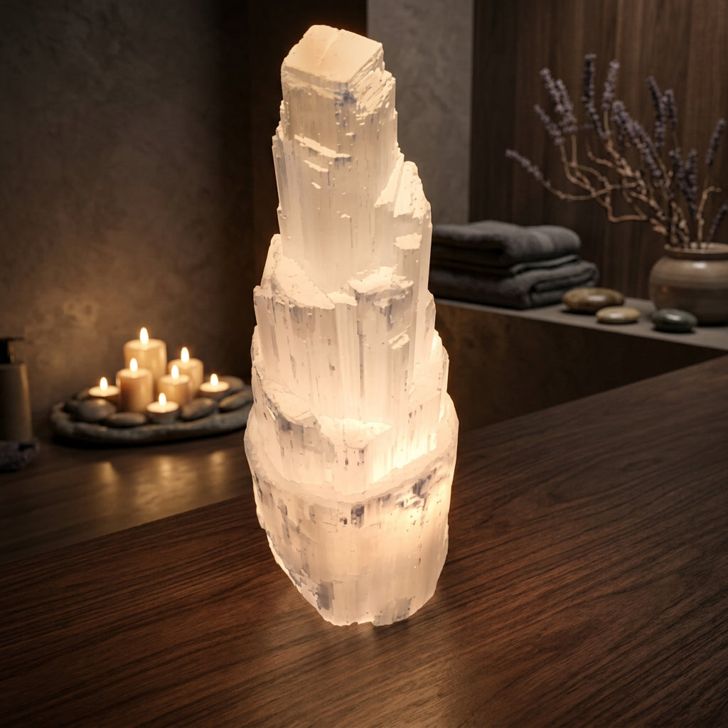 Lampada in Cristallo di Selenite Skyscraper Naturale