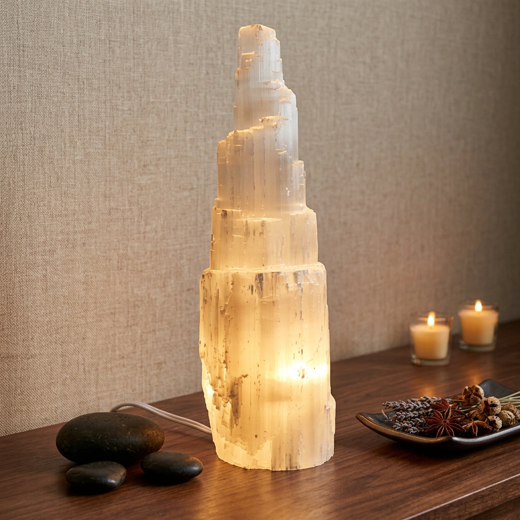 Lampada in Cristallo di Selenite Skyscraper Naturale