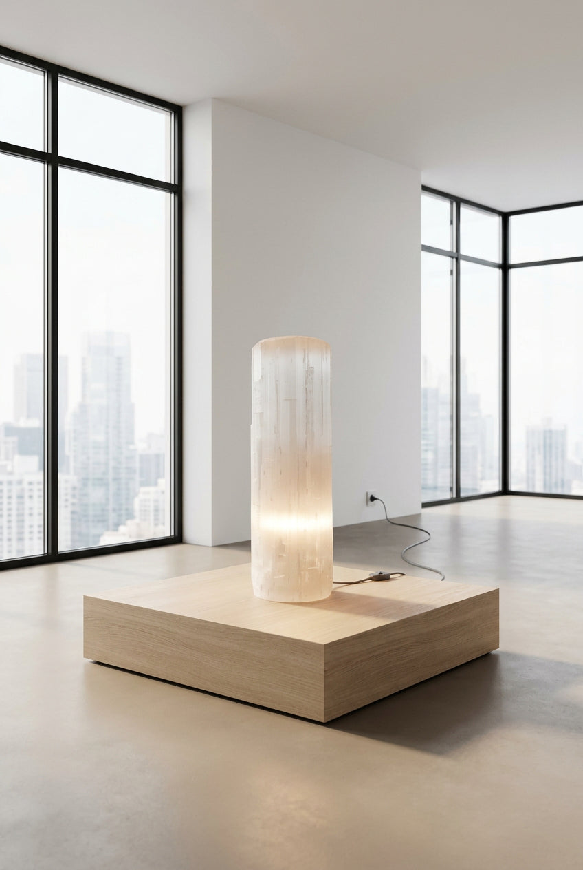 Lampada in Cristallo di Selenite Naturale – Design & Luce d'Ambiente