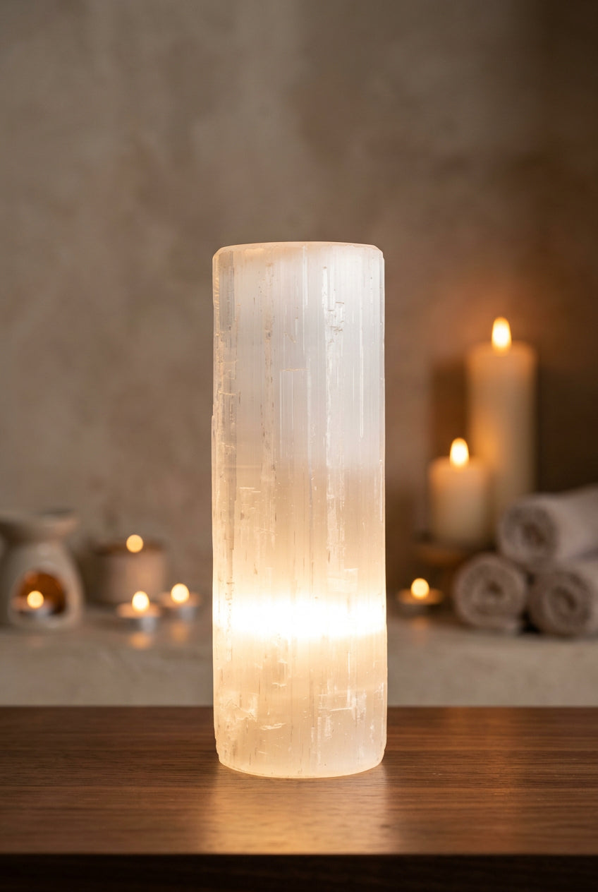 Lampada in Cristallo di Selenite Naturale – Design & Luce d'Ambiente