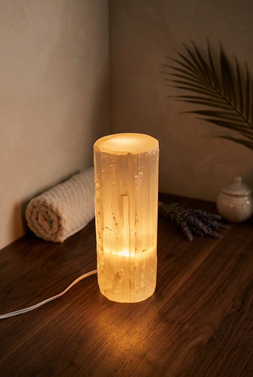 Lampada in Cristallo di Selenite Naturale – Design & Luce d'Ambiente