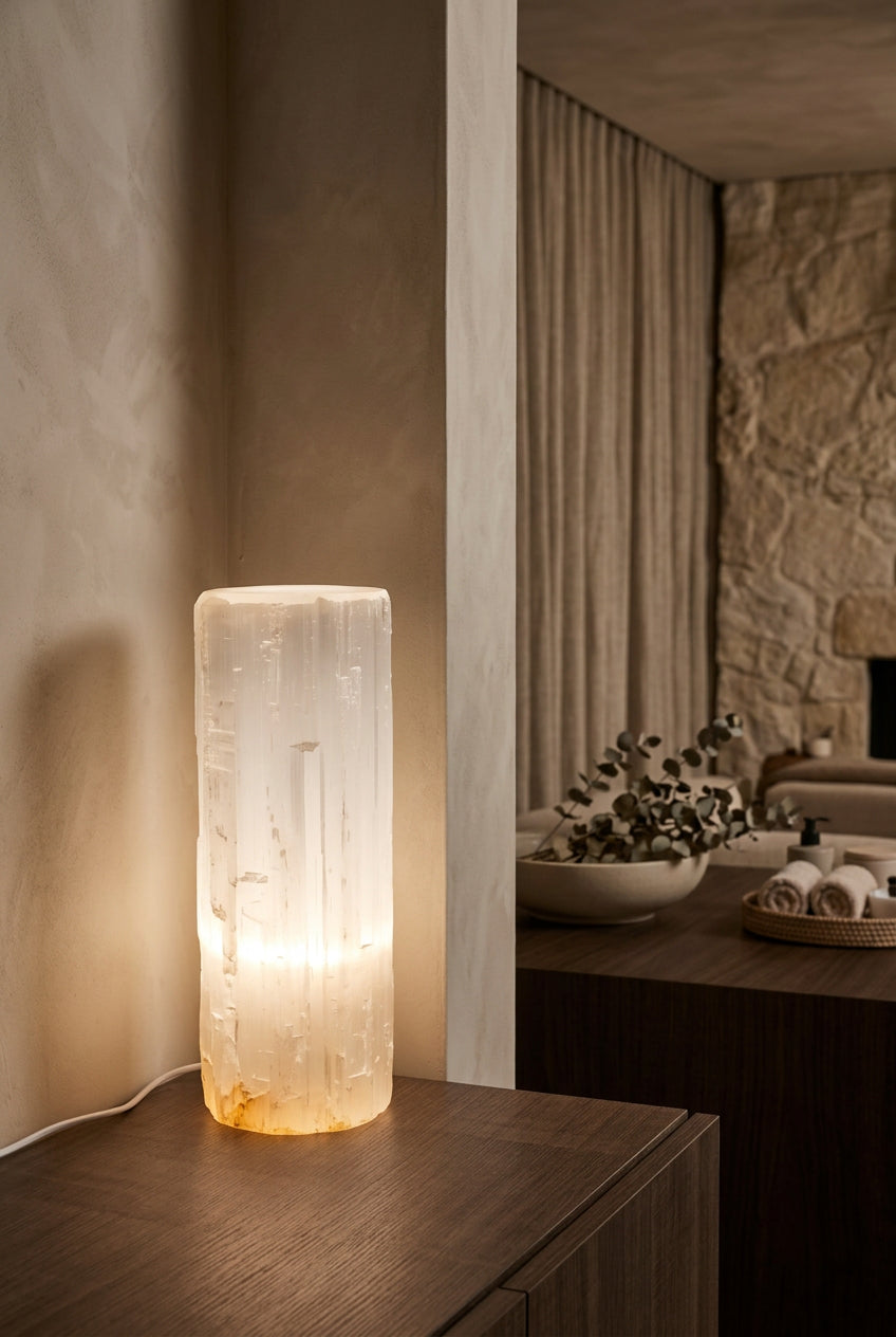 Lampada in Cristallo di Selenite Naturale – Design & Luce d'Ambiente