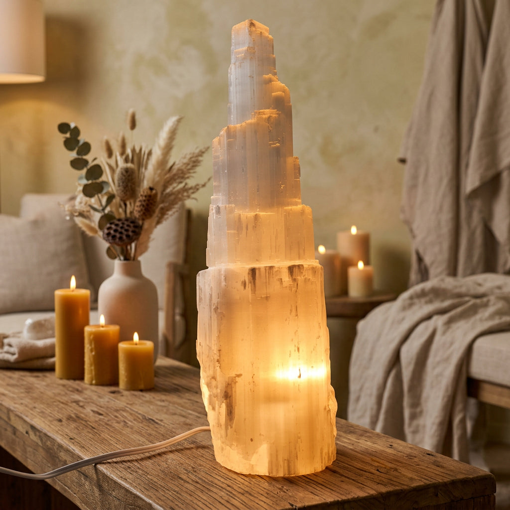Lampada in Cristallo di Selenite Skyscraper Naturale