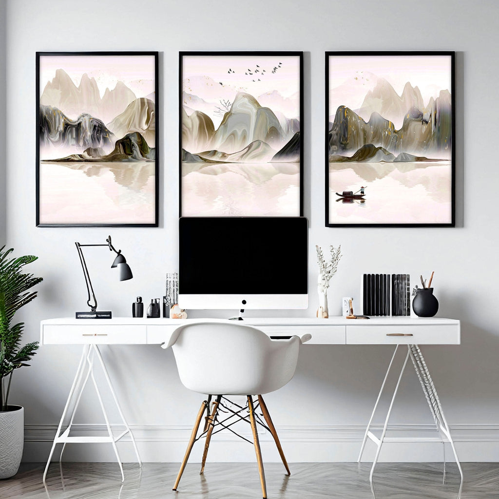 Set di 3 Stampe da Parete | Paesaggio Giapponese Etereo | Decor Ufficio e Casa