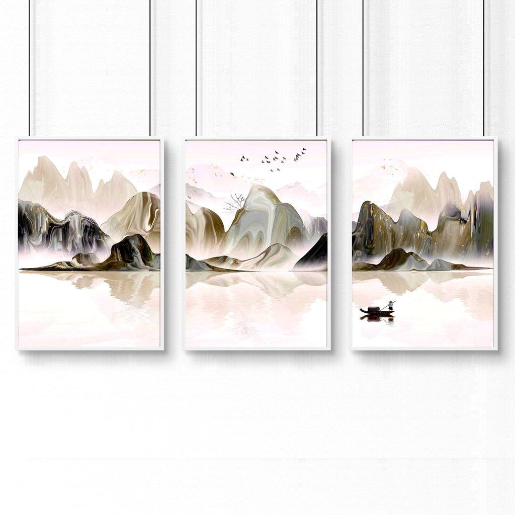 Set di 3 Stampe da Parete | Paesaggio Giapponese Etereo | Decor Ufficio e Casa