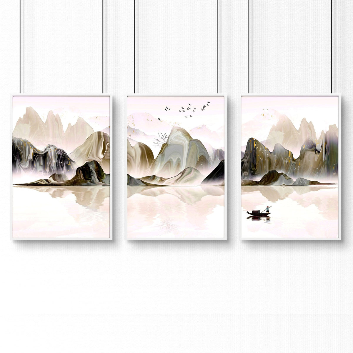 Set di 3 Stampe da Parete | Paesaggio Giapponese Etereo | Decor Ufficio e Casa