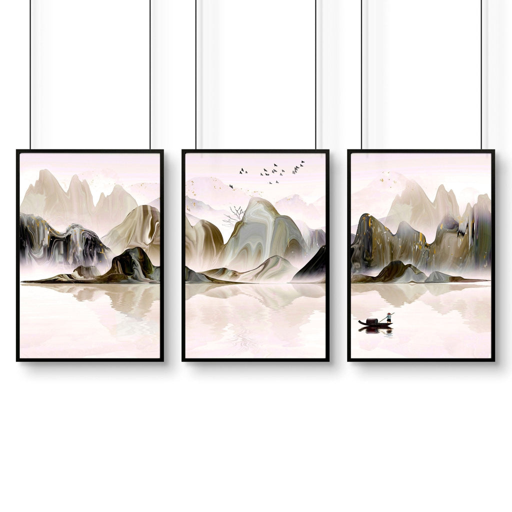 Set di 3 Stampe da Parete | Paesaggio Giapponese Etereo | Decor Ufficio e Casa