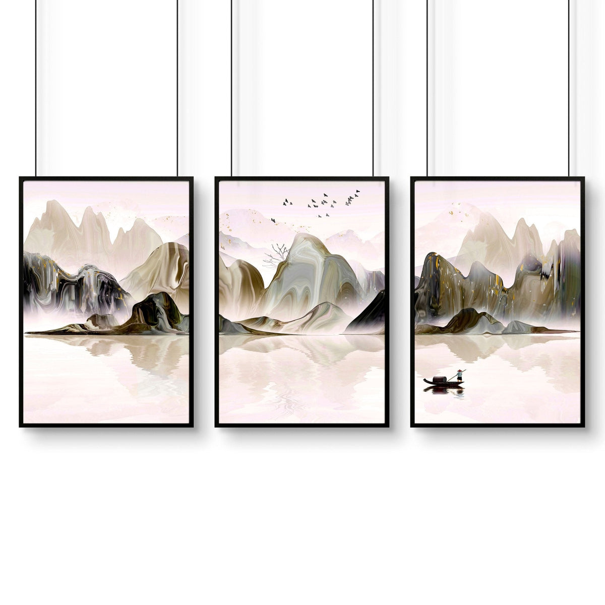 Set di 3 Stampe da Parete | Paesaggio Giapponese Etereo | Decor Ufficio e Casa