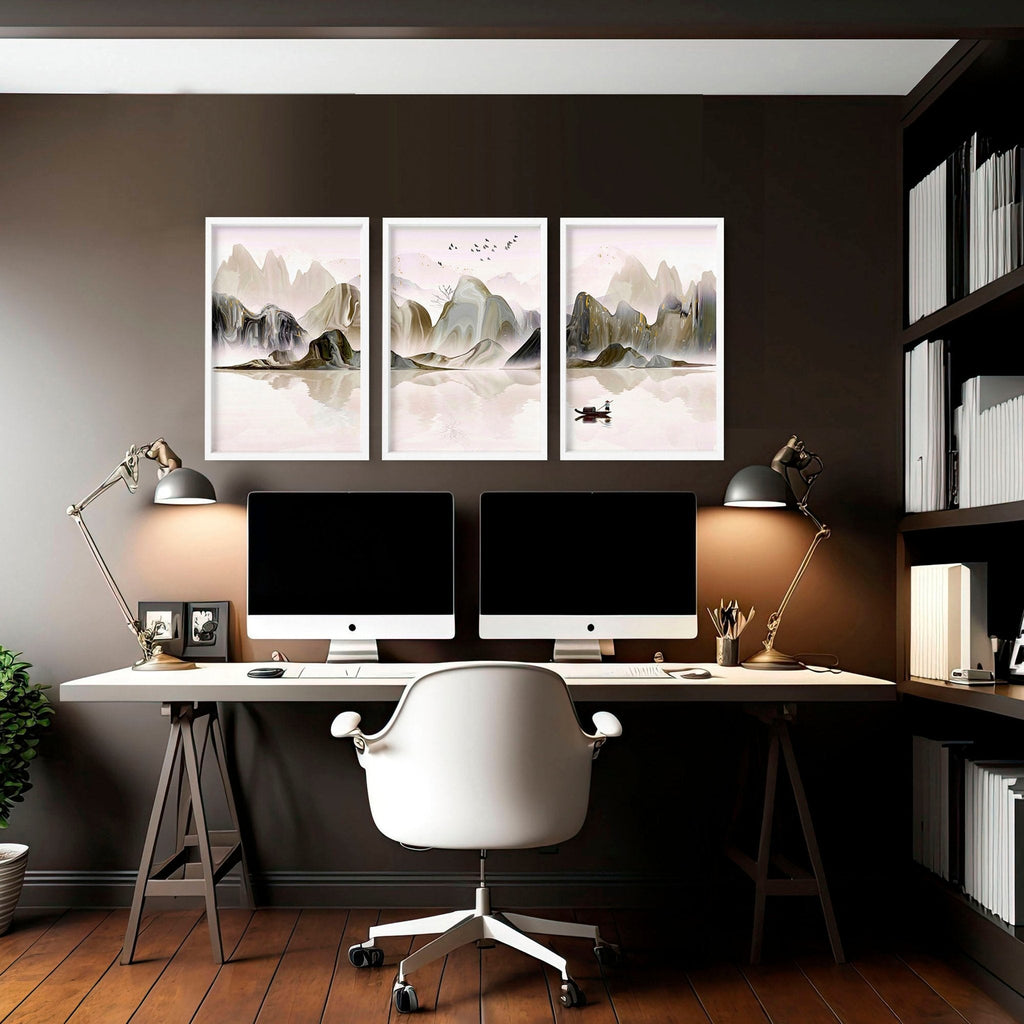 Set di 3 Stampe da Parete | Paesaggio Giapponese Etereo | Decor Ufficio e Casa