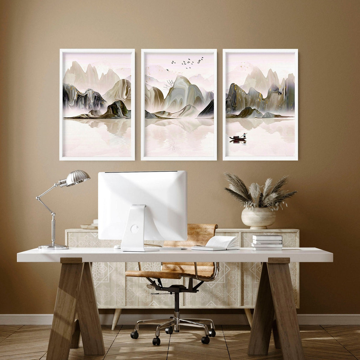 Set di 3 Stampe da Parete | Paesaggio Giapponese Etereo | Decor Ufficio e Casa