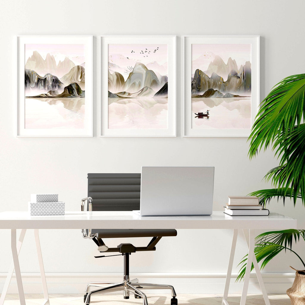Set di 3 Stampe da Parete | Paesaggio Giapponese Etereo | Decor Ufficio e Casa