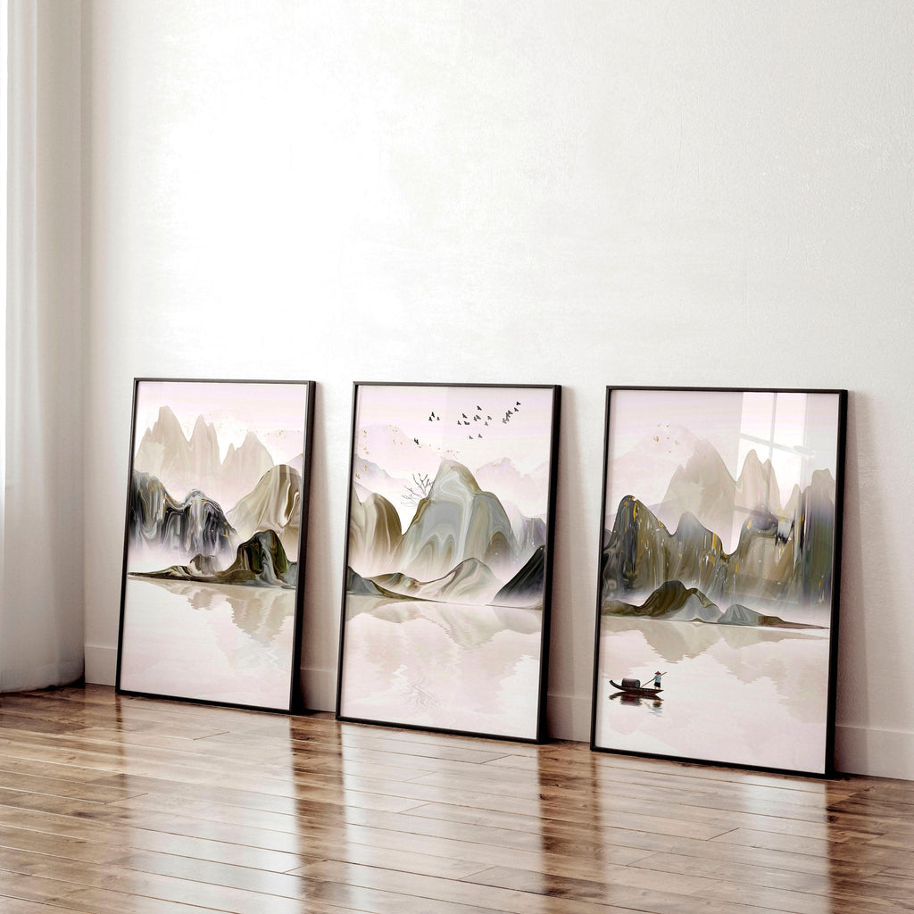 Set di 3 Stampe da Parete | Paesaggio Giapponese Etereo | Decor Ufficio e Casa