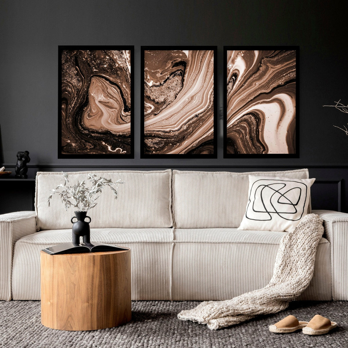 Set di 3 Stampe Arte Contemporanea | Marmo Marrone, Rame e Oro