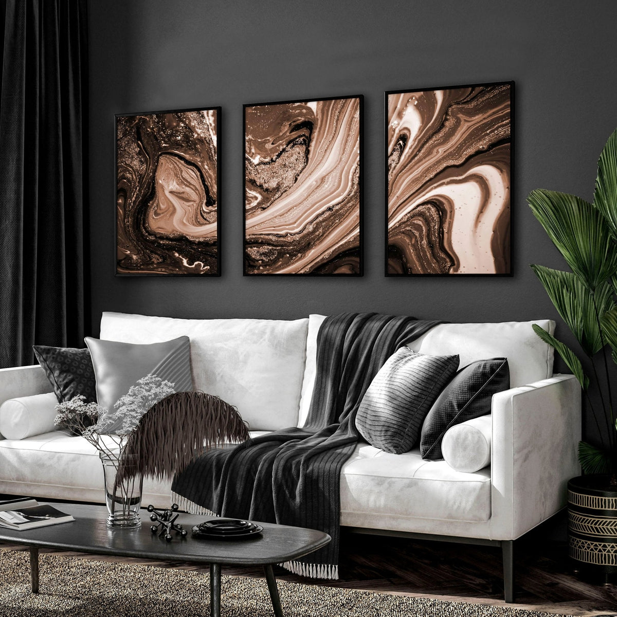 Set di 3 Stampe Arte Contemporanea | Marmo Marrone, Rame e Oro