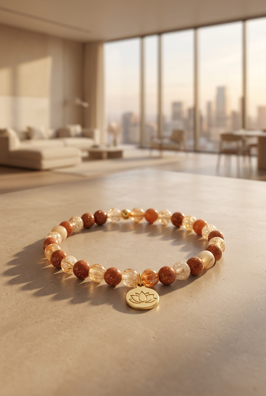 Bracciale Elastico in Pietra d'Oro con Ciondolo Fiore di Loto 24K - 6mm