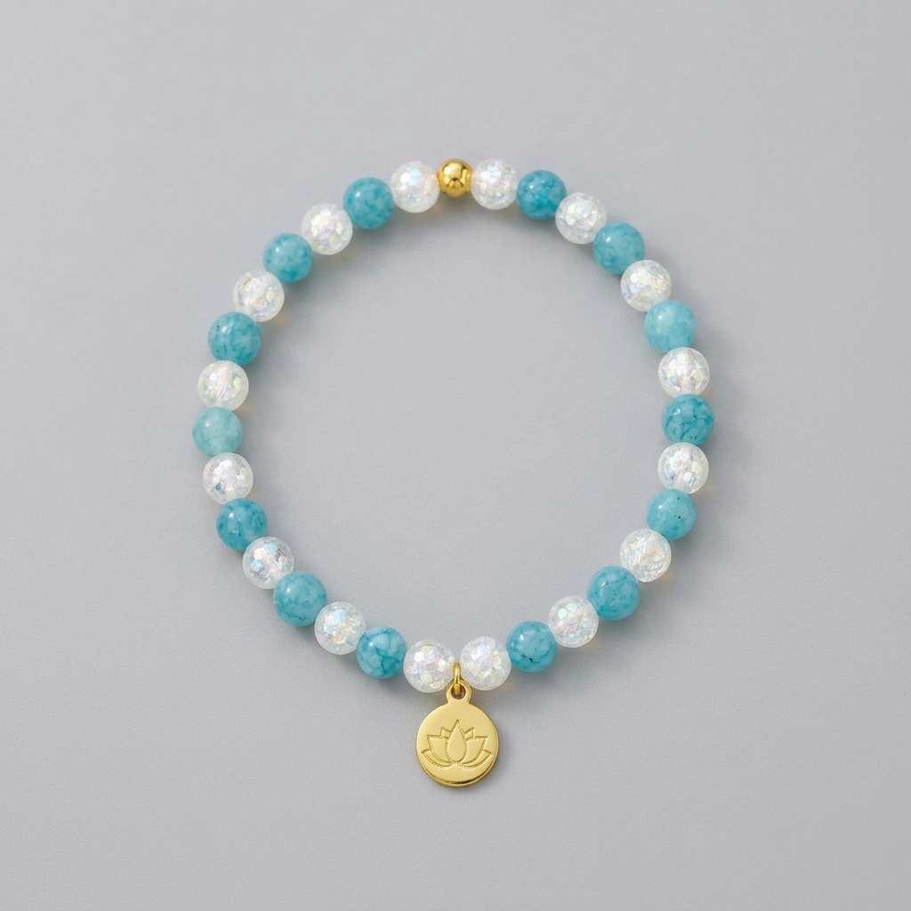 Bracciale Elastico in Acquamarina Naturale con Ciondolo Fiore di Loto 24K - 6mm