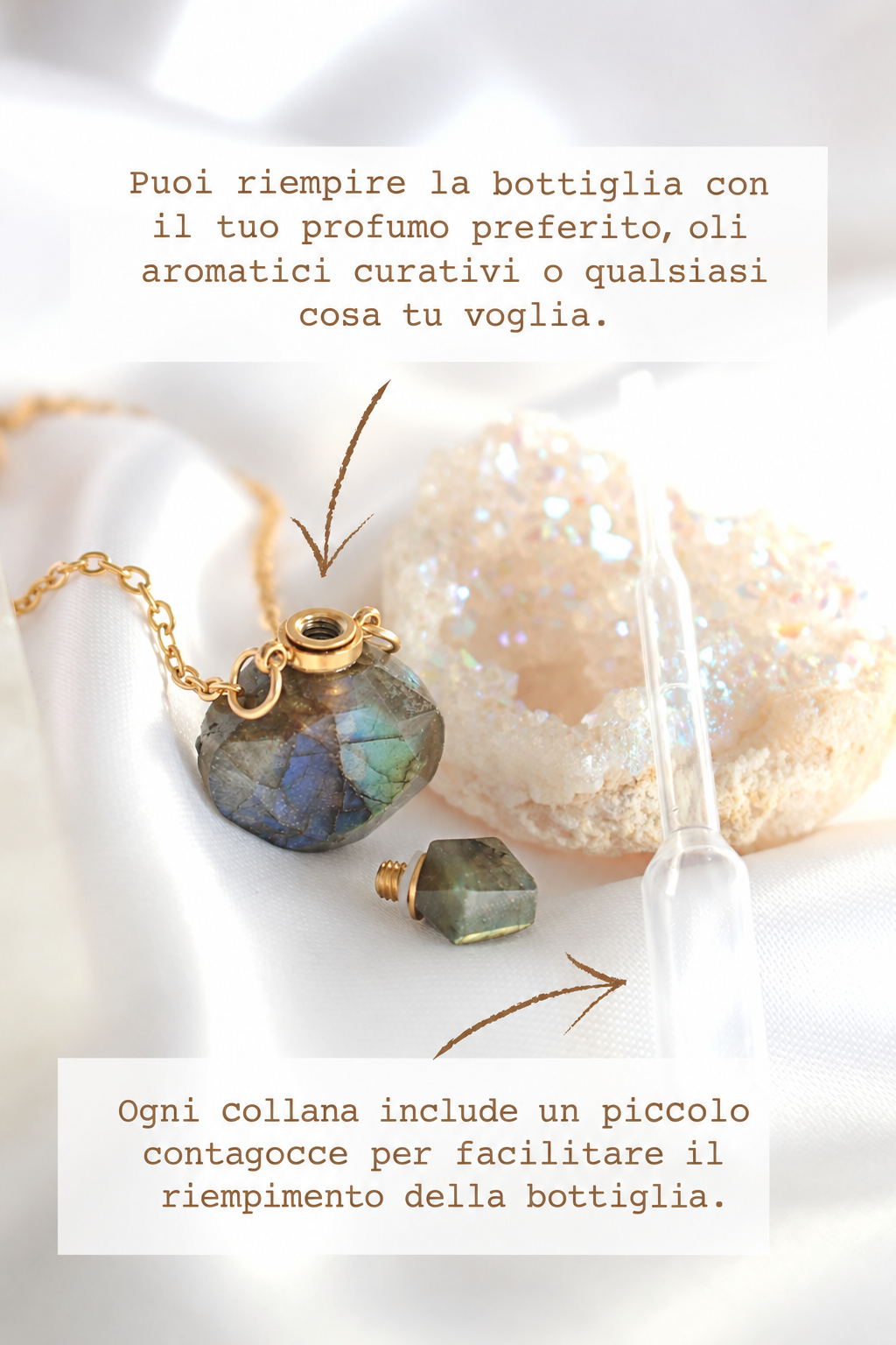 Collana Lusso con Boccetta in Cristallo Naturale e Oro 24K