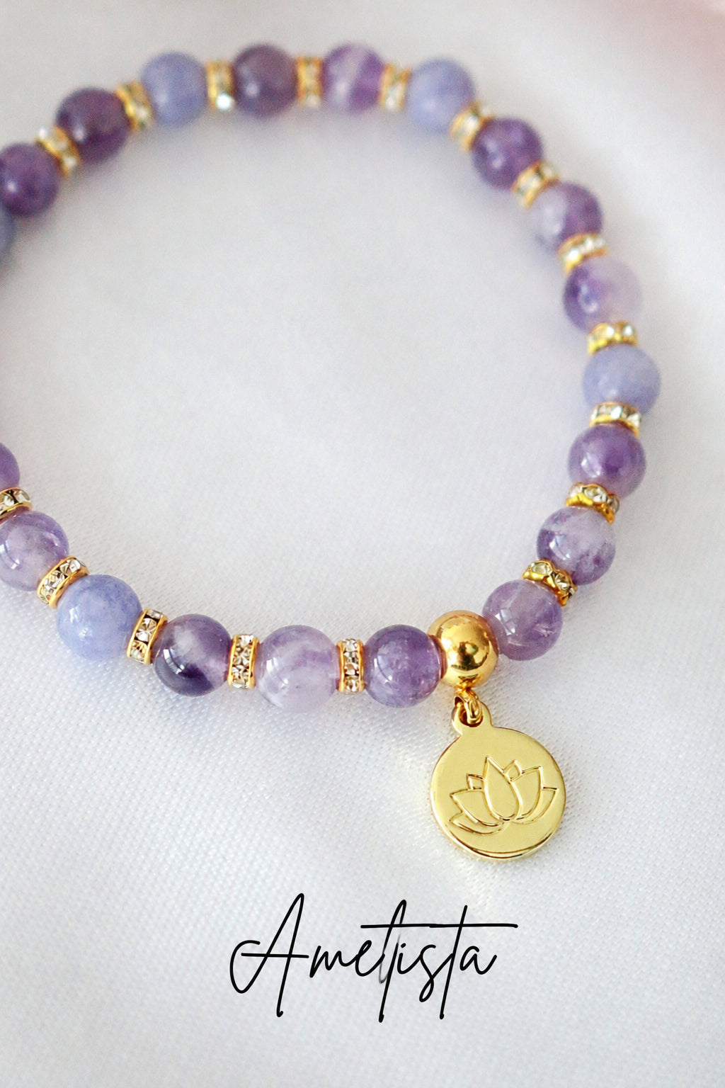 Bracciale in Quarzo Rosa e Ametista con Ciondolo Fiore di Loto in Oro 24K