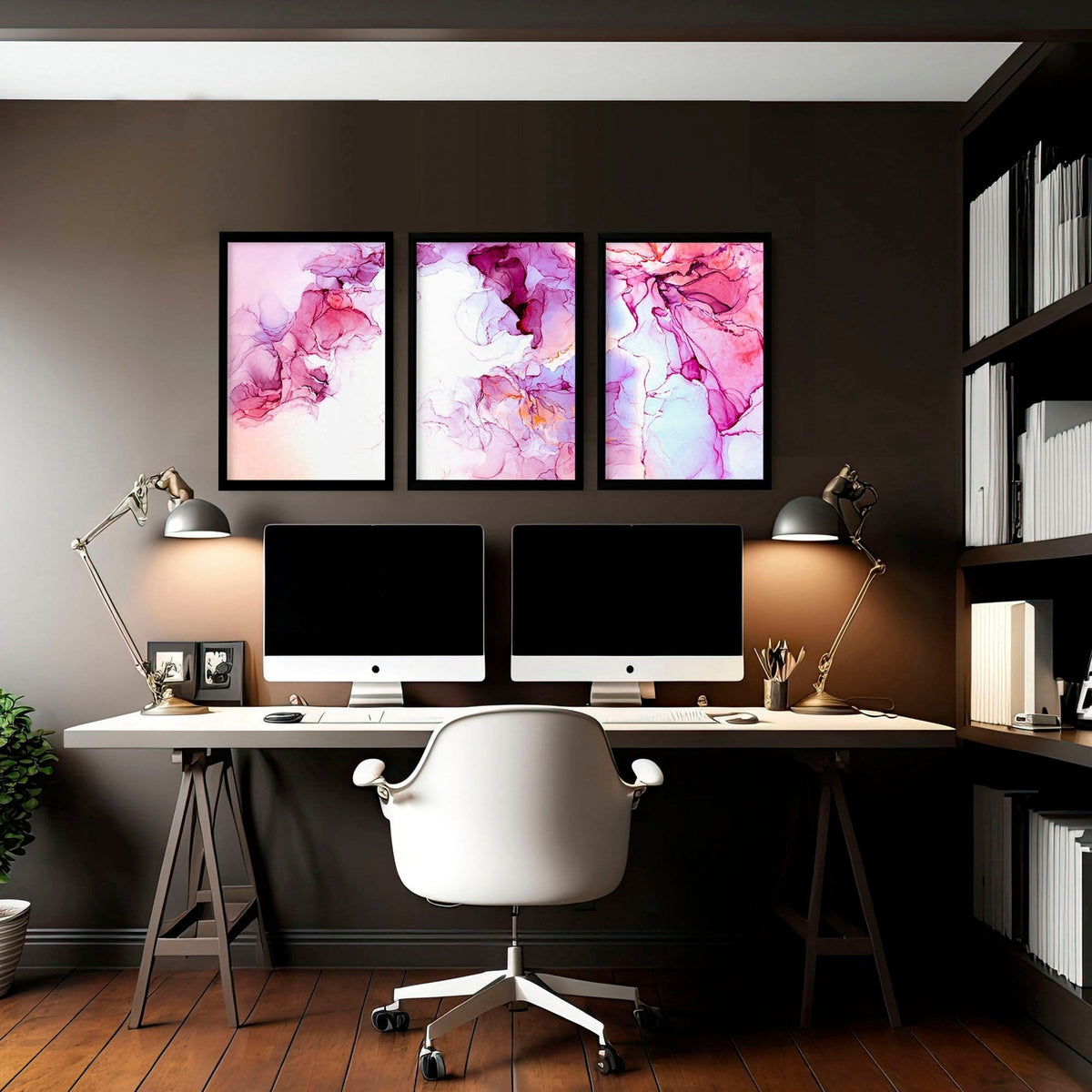 Set di 3 Stampe Astratte per Ufficio | Arte a Inchiostro Bianco e Magenta
