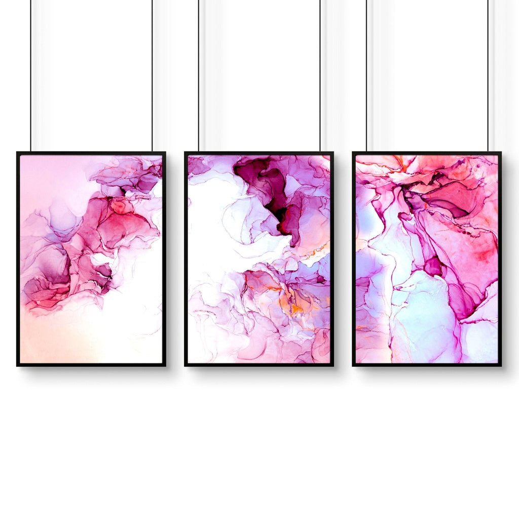Set di 3 Stampe Astratte per Ufficio | Arte a Inchiostro Bianco e Magenta