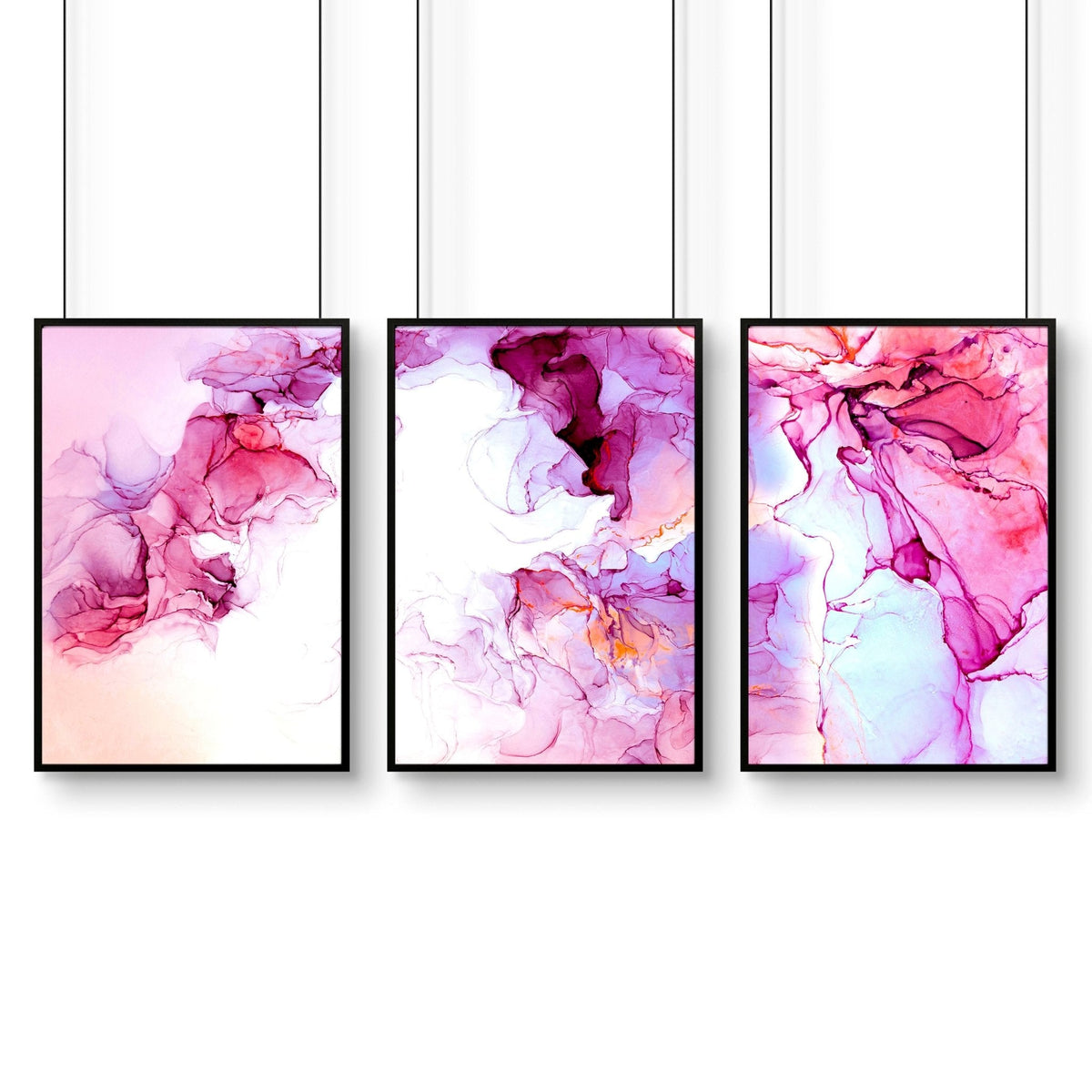 Set di 3 Stampe Astratte per Ufficio | Arte a Inchiostro Bianco e Magenta