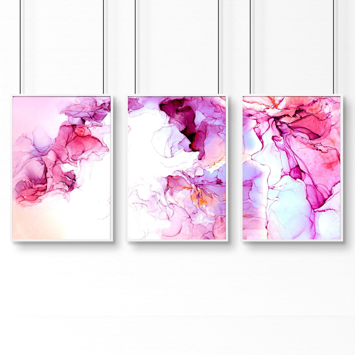 Set di 3 Stampe Astratte per Ufficio | Arte a Inchiostro Bianco e Magenta