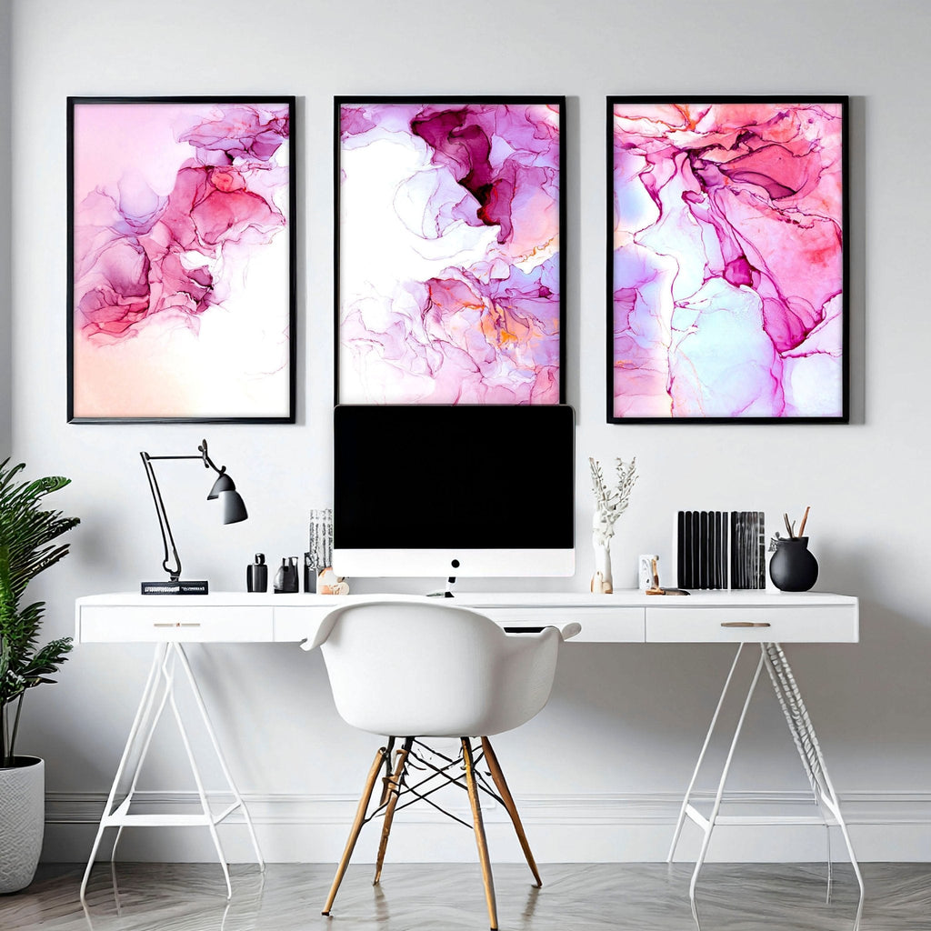 Set di 3 Stampe Astratte per Ufficio | Arte a Inchiostro Bianco e Magenta