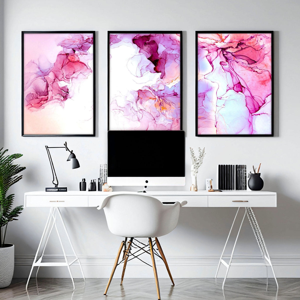 Set di 3 Stampe Astratte per Ufficio | Arte a Inchiostro Bianco e Magenta
