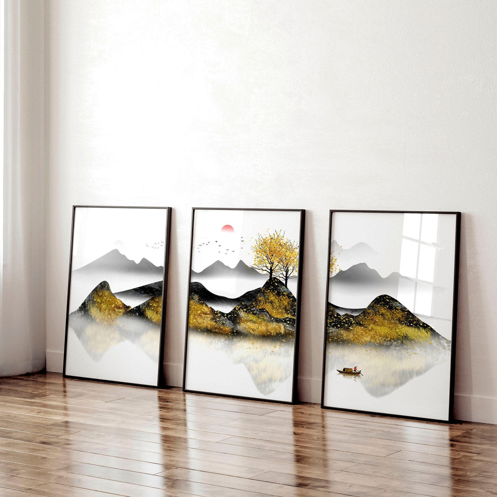 Set di 3 Stampe Giapponesi per Ufficio | Alba in Nero, Grigio e Oro