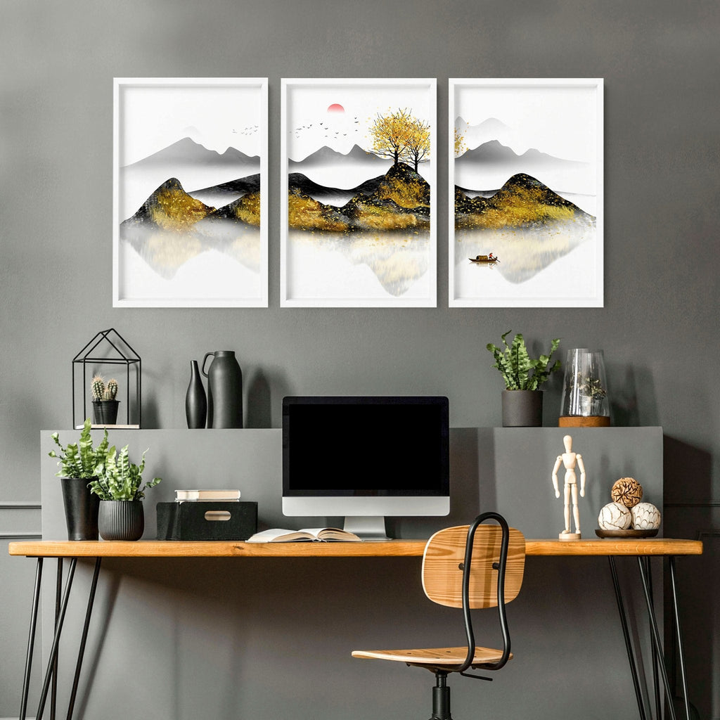 Set di 3 Stampe Giapponesi per Ufficio | Alba in Nero, Grigio e Oro