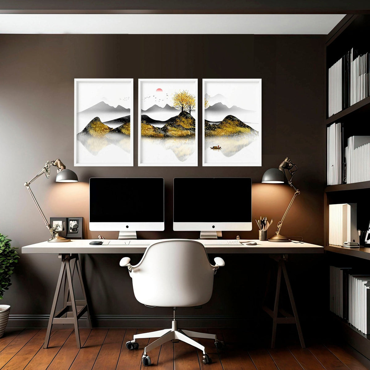 Set di 3 Stampe Giapponesi per Ufficio | Alba in Nero, Grigio e Oro