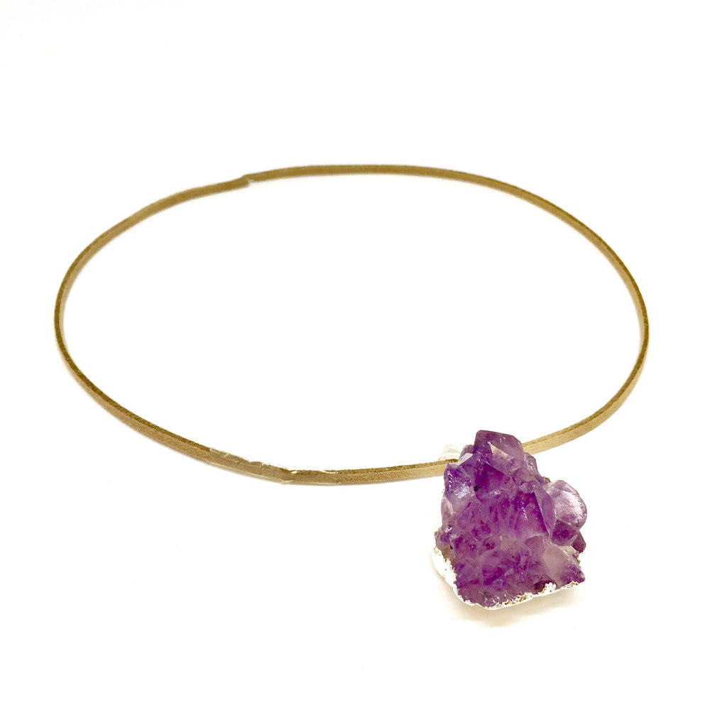 Collana con Pendente in Ametista Viola Grezza e Oro