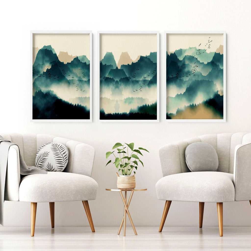 Set di 3 Stampe Stile Scandinavo | Verde Acqua e Beige | Grande Formato