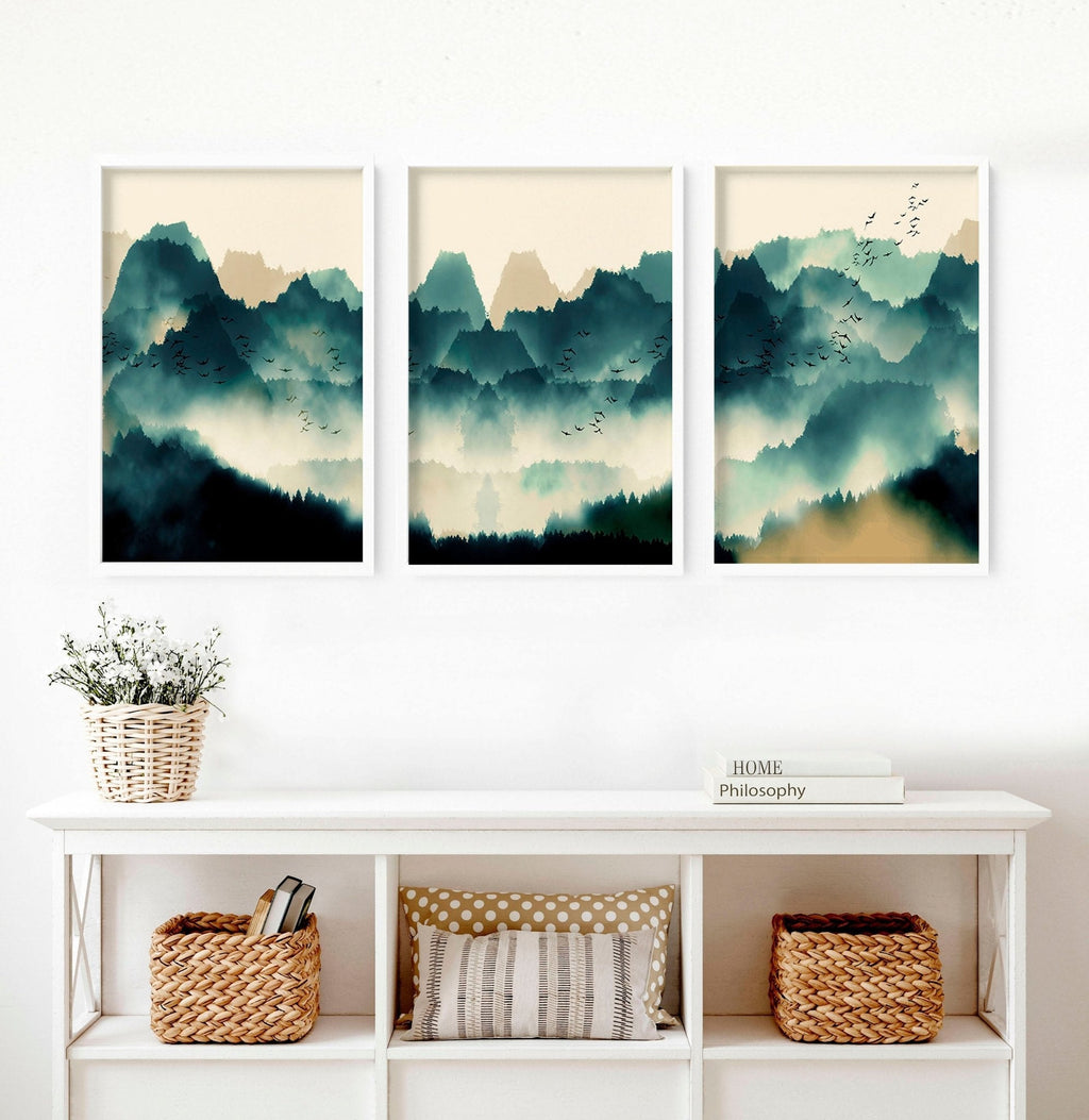 Set di 3 Stampe Stile Scandinavo | Verde Acqua e Beige | Grande Formato