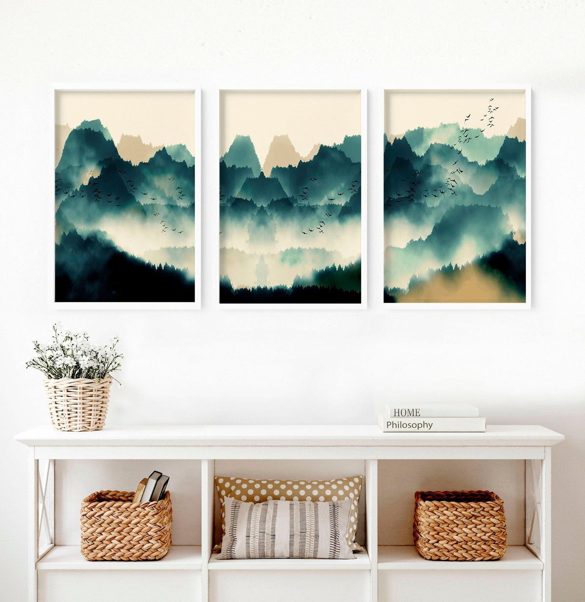 Set di 3 Stampe Stile Scandinavo | Verde Acqua e Beige | Grande Formato