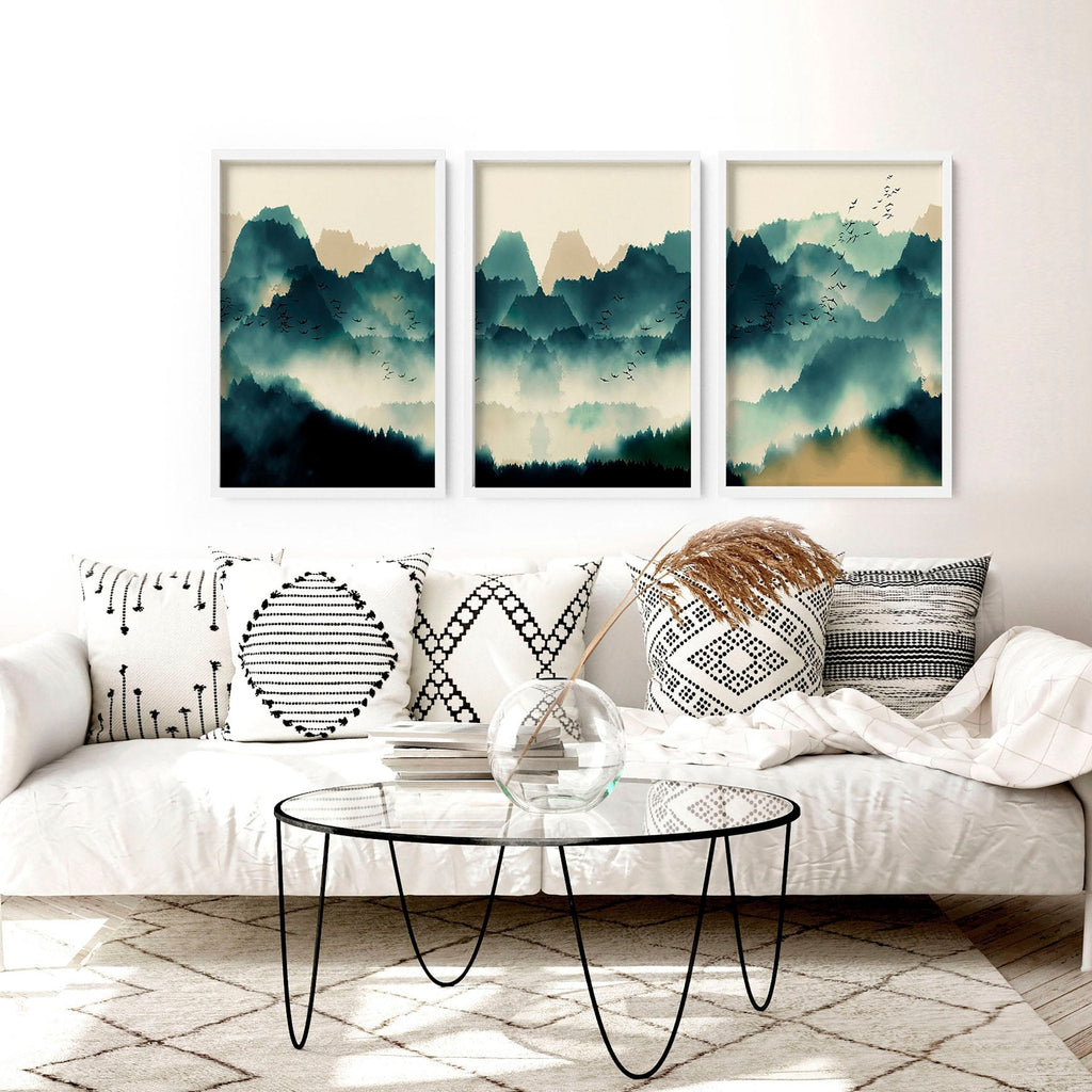 Set di 3 Stampe Stile Scandinavo | Verde Acqua e Beige | Grande Formato