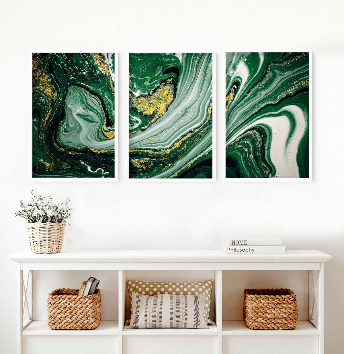 Set di 3 Stampe d'Arte Astratta da Parete Verde Salvia e Oro