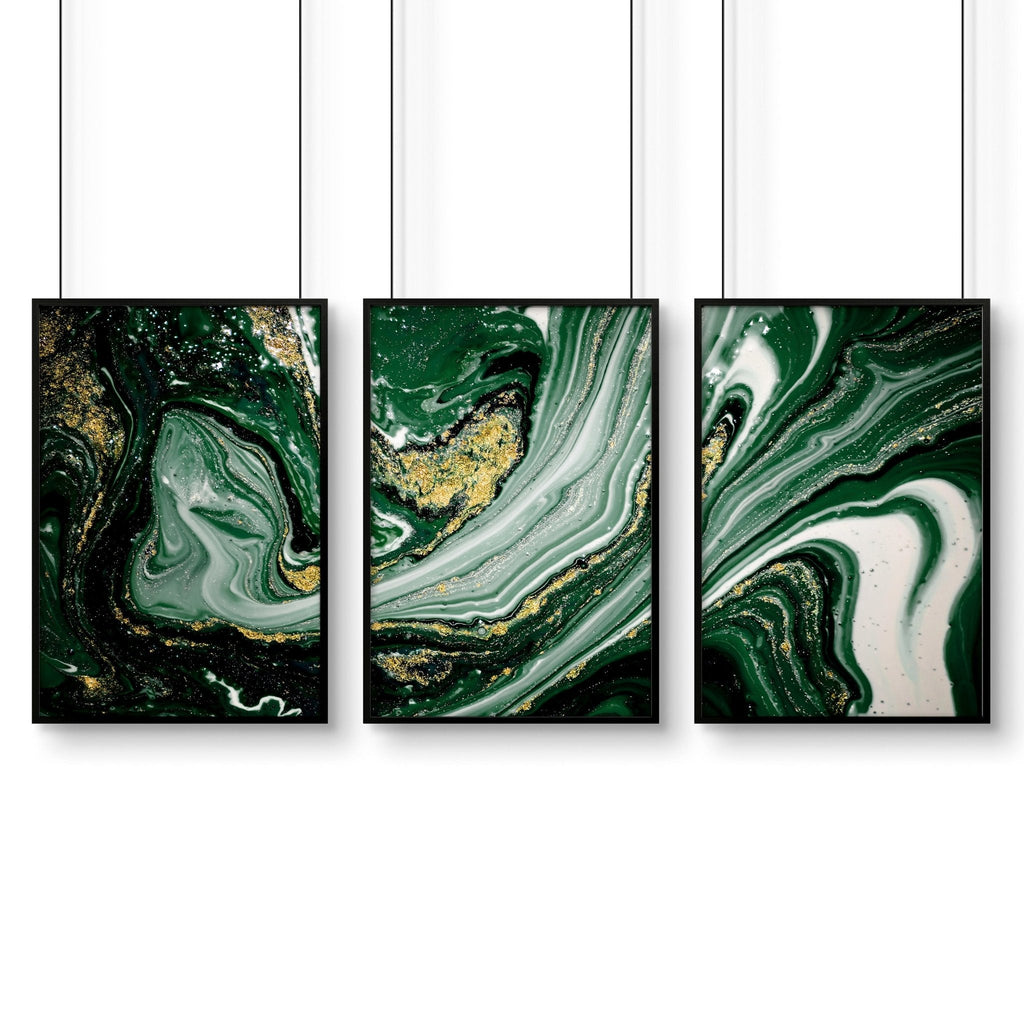 Set di 3 Stampe d'Arte Astratta da Parete Verde Salvia e Oro