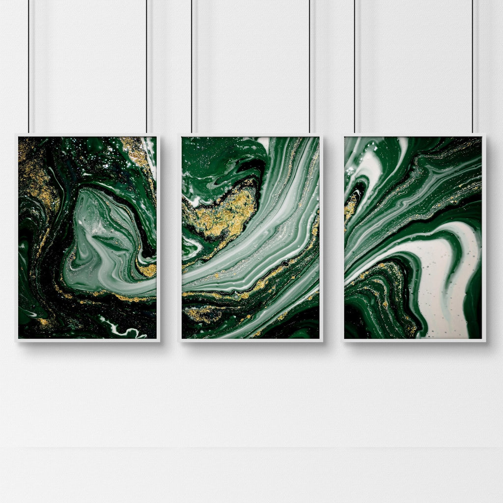 Set di 3 Stampe d'Arte Astratta da Parete Verde Salvia e Oro