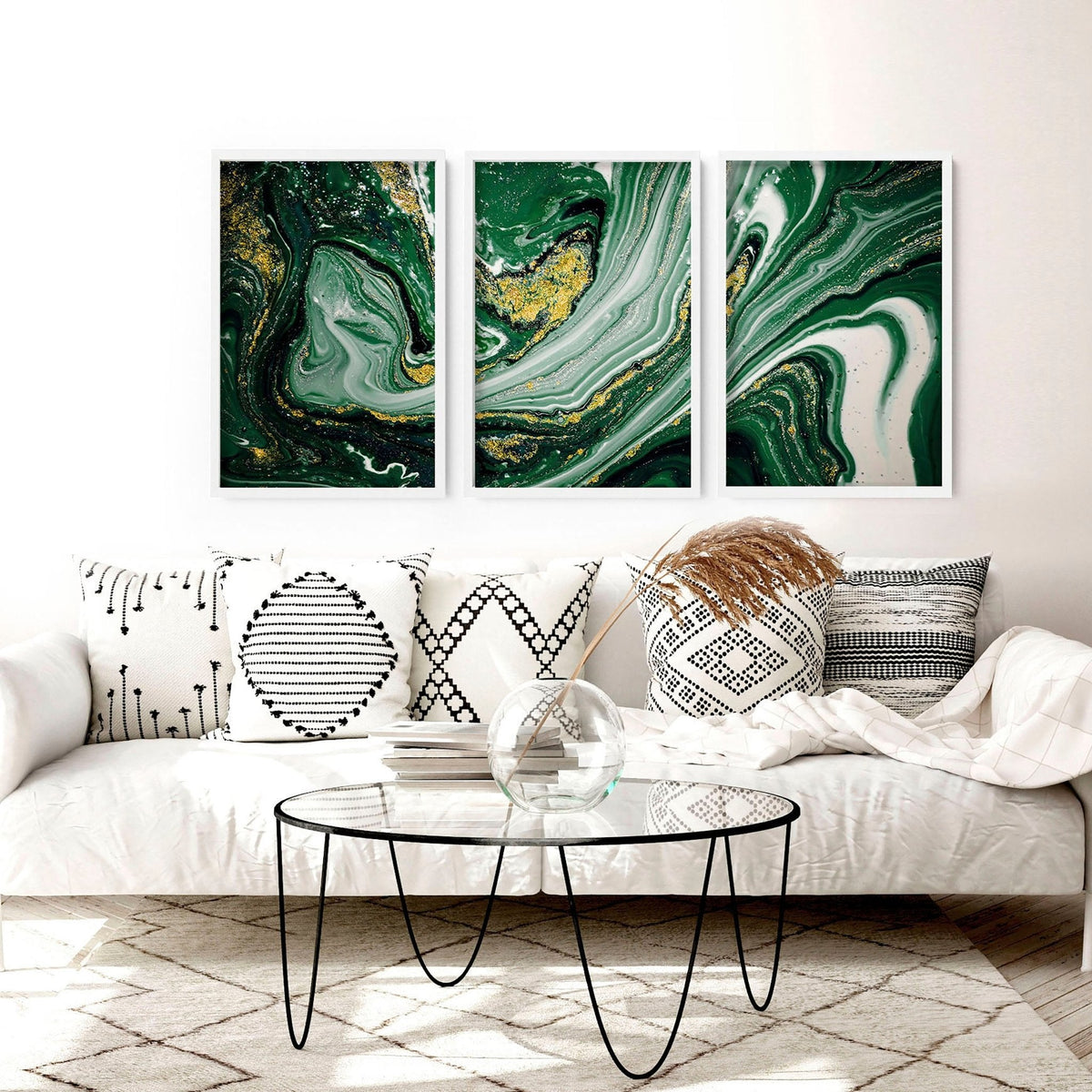 Set di 3 Stampe d'Arte Astratta da Parete Verde Salvia e Oro