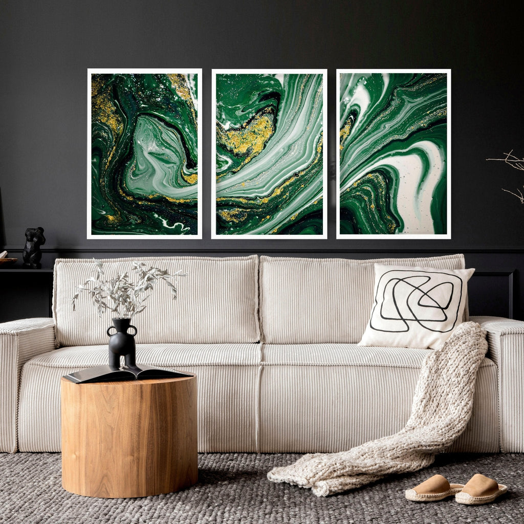 Set di 3 Stampe d'Arte Astratta da Parete Verde Salvia e Oro