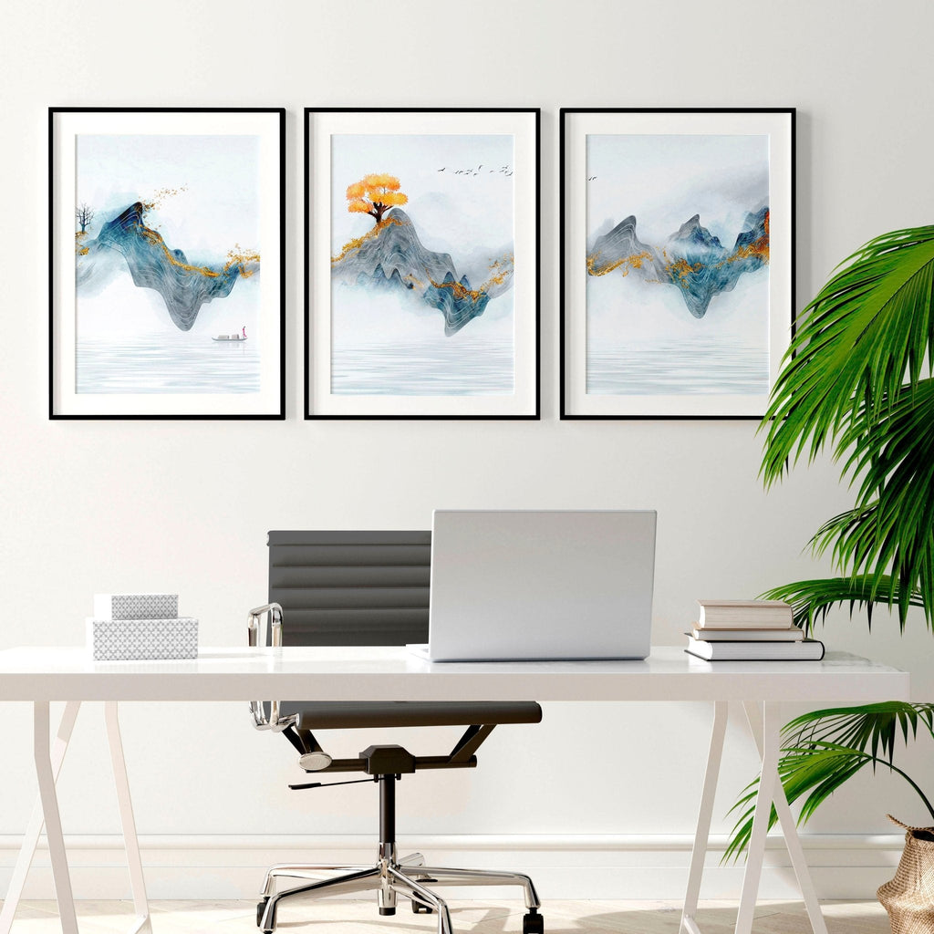 Set di 3 Stampe Zen per Ufficio | Paesaggio Giapponese in Grigio, Teal e Oro