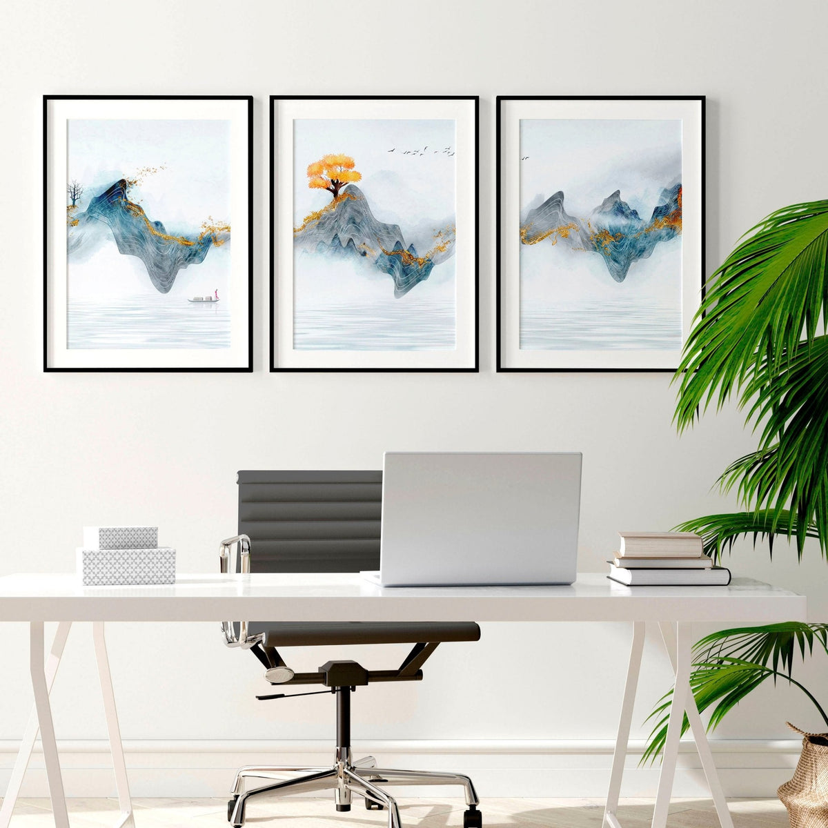 Set di 3 Stampe Zen per Ufficio | Paesaggio Giapponese in Grigio, Teal e Oro