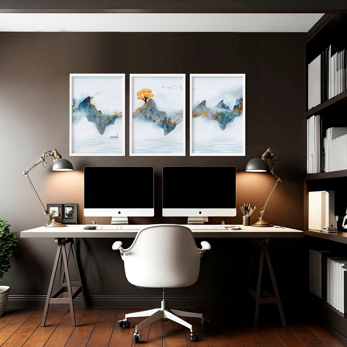 Set di 3 Stampe Zen per Ufficio | Paesaggio Giapponese in Grigio, Teal e Oro