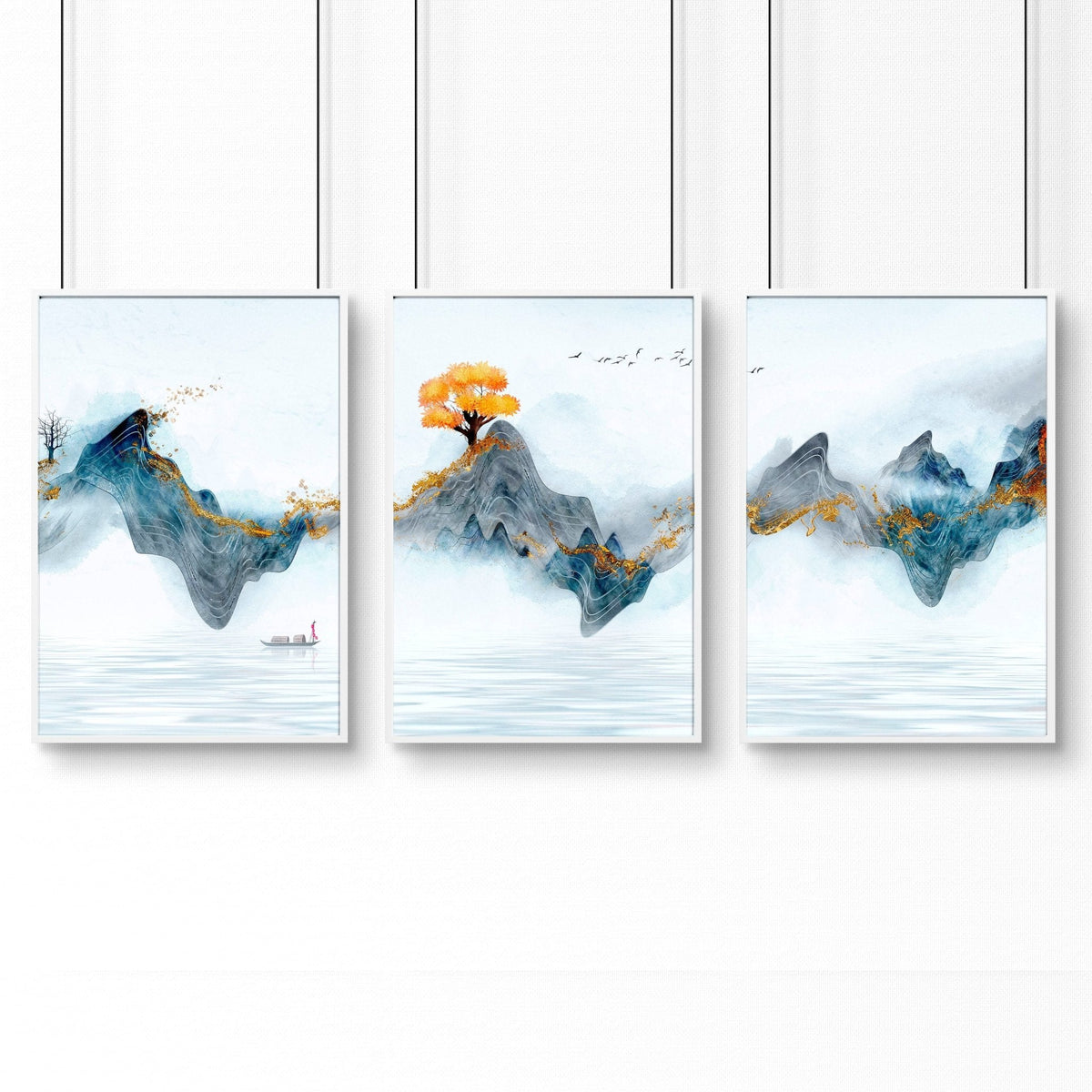 Set di 3 Stampe Zen per Ufficio | Paesaggio Giapponese in Grigio, Teal e Oro