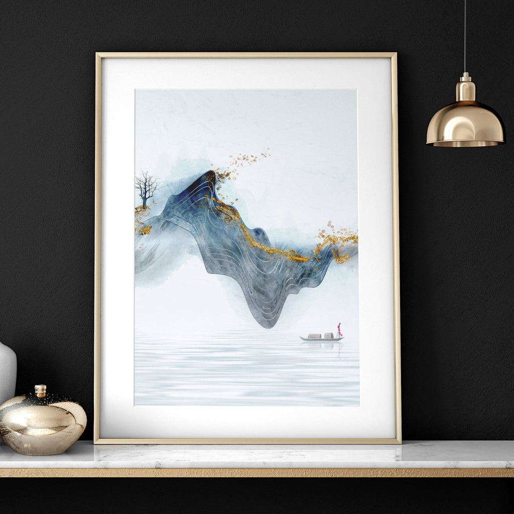 Set di 3 Stampe Zen per Ufficio | Paesaggio Giapponese in Grigio, Teal e Oro