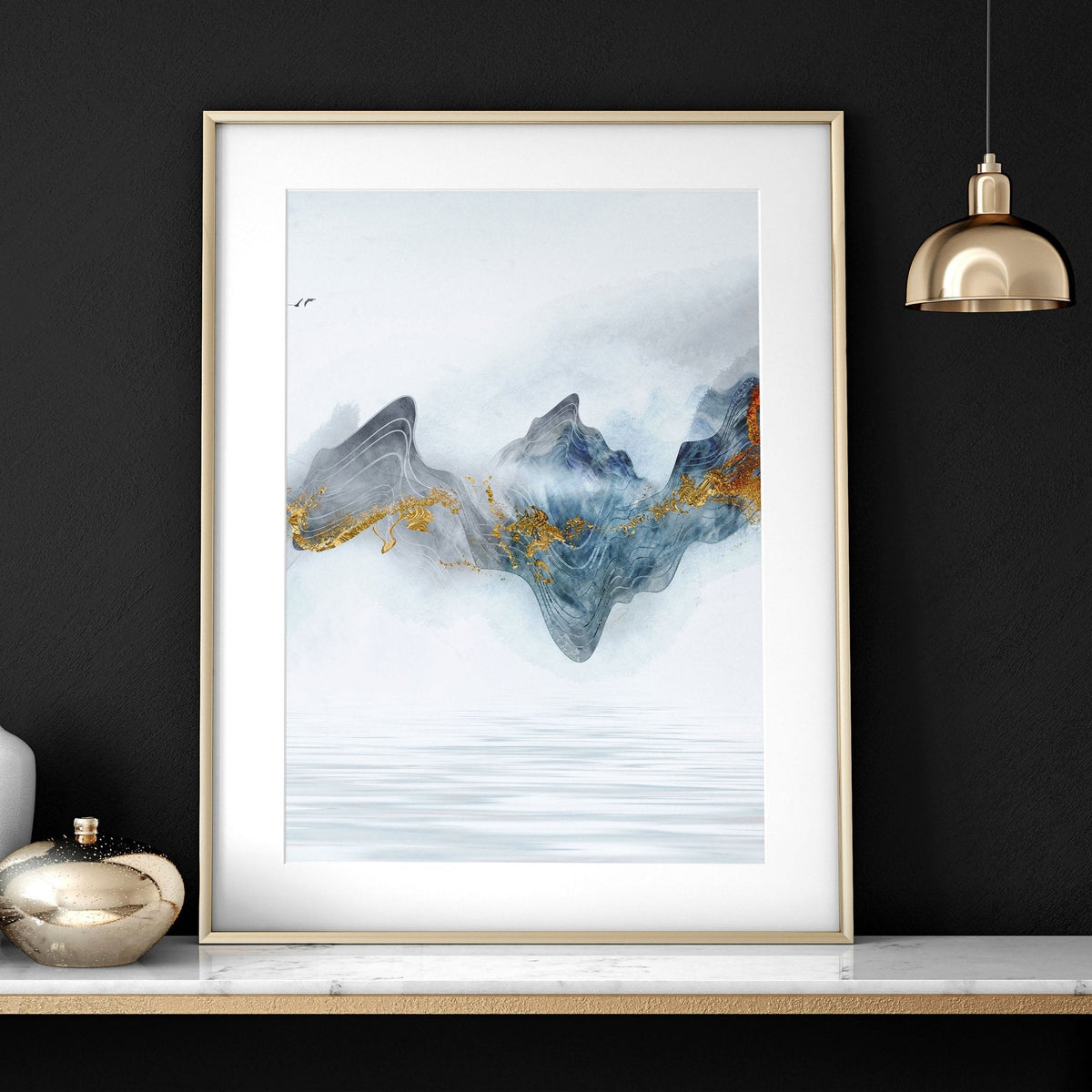 Set di 3 Stampe Zen per Ufficio | Paesaggio Giapponese in Grigio, Teal e Oro