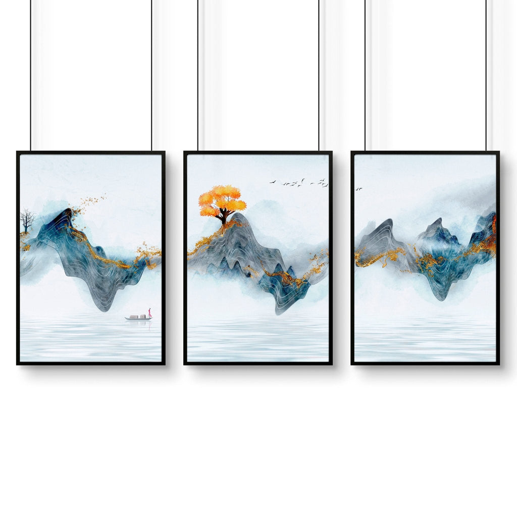 Set di 3 Stampe Zen per Ufficio | Paesaggio Giapponese in Grigio, Teal e Oro