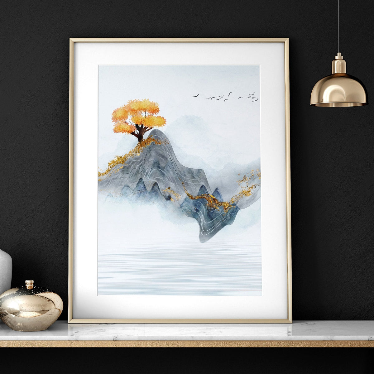 Set di 3 Stampe Zen per Ufficio | Paesaggio Giapponese in Grigio, Teal e Oro