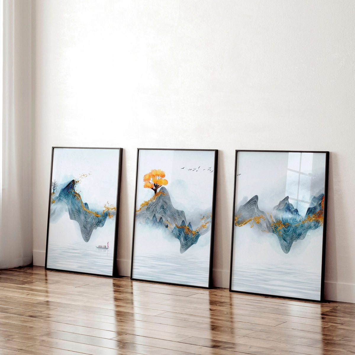 Set di 3 Stampe Zen per Ufficio | Paesaggio Giapponese in Grigio, Teal e Oro